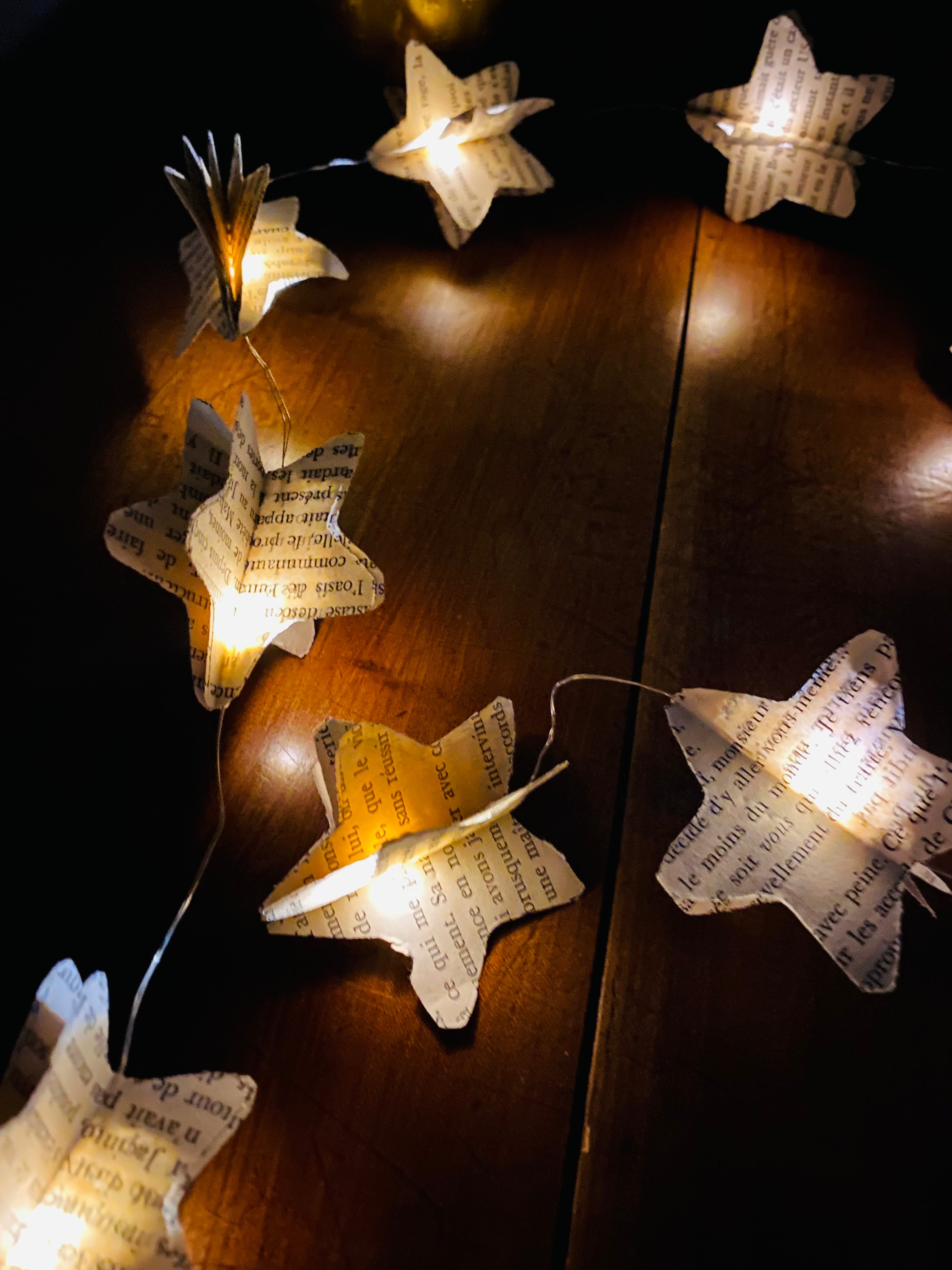Guirlande lumineuse artisanale éteinte, utilisée en élément décoratif. Les étoiles en papier créent une ligne légère et graphique sur le mur. Idéale pour ajouter une touche poétique à une pièce sans surcharge. Le papier donne un effet délicat et naturel qui s’accorde bien avec des matières comme le bois, le lin ou le rotin.