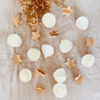 Guirlande lumineuse artisanale composée de délicates formes en papier, mêlant étoiles en kraft et sphères blanches soigneusement pliées à la main. Chaque élément est assemblé sur un fil discret où se glissent de petites LED diffusant une lueur douce et chaleureuse. Cette décoration apporte une ambiance naturelle et poétique, parfaite pour illuminer un intérieur de façon subtile et apaisante. création originale ninona